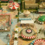 Monstropolis temalı alanı temsil eden eğlence parkı şehir görünümü