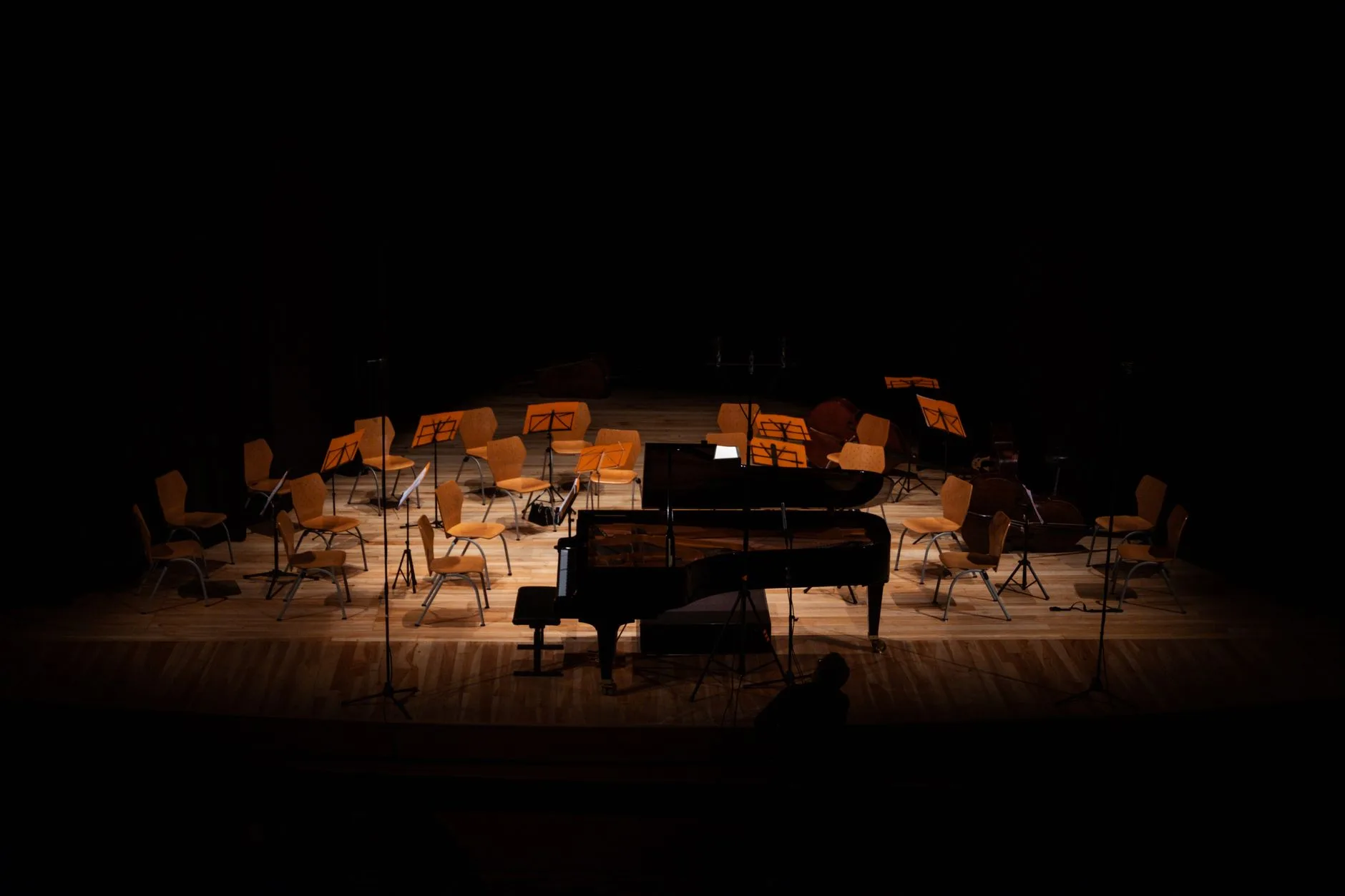 Sahne ışıkları altında konser veren orkestra