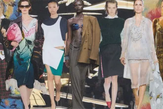 2027 ilkbahar sezonunda hafif kumaşları ve farklı siluetleri temsil eden moda podyumu