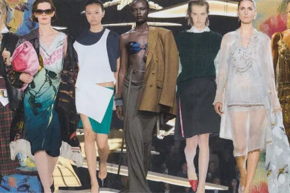 2027 ilkbahar sezonunda hafif kumaşları ve farklı siluetleri temsil eden moda podyumu