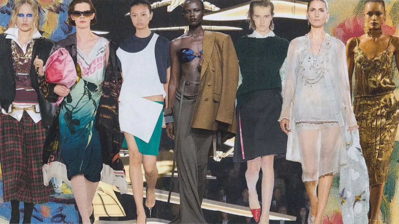 2027 ilkbahar sezonunda hafif kumaşları ve farklı siluetleri temsil eden moda podyumu