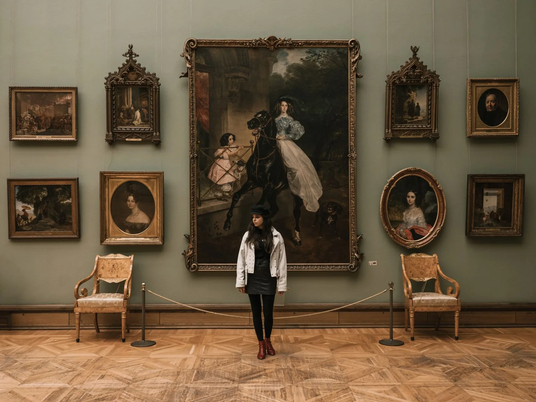 Büyük ölçekli figüratif tabloların sergilendiği sanat galerisi