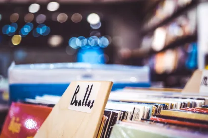 Müzik dükkânında farklı plakların sergilendiği raflar